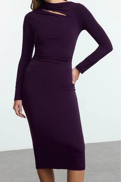 Women Fashion Stylish Midi Length Stand Collar Slim Cut Out Detailed Fitted Body-Smoothing Flexible Knitted Dress