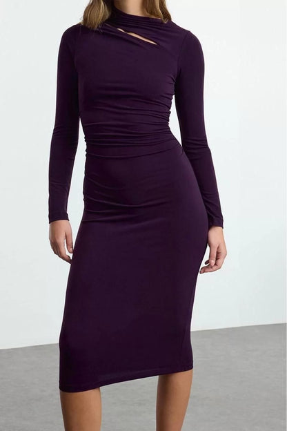 Women Fashion Stylish Midi Length Stand Collar Slim Cut Out Detailed Fitted Body-Smoothing Flexible Knitted Dress