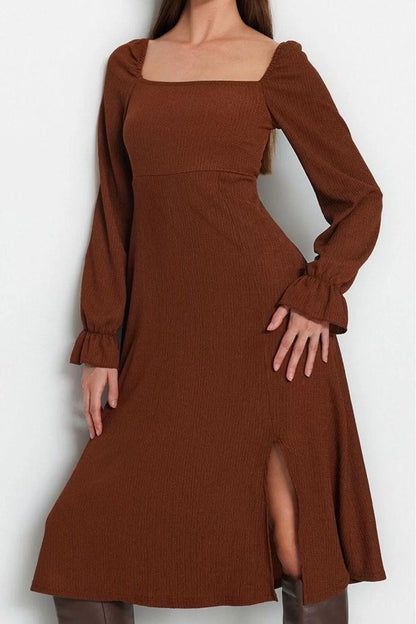 Women Fashion Stylish Midi Length Square Neck Flared Crepe Textured Slit Knitted Dress