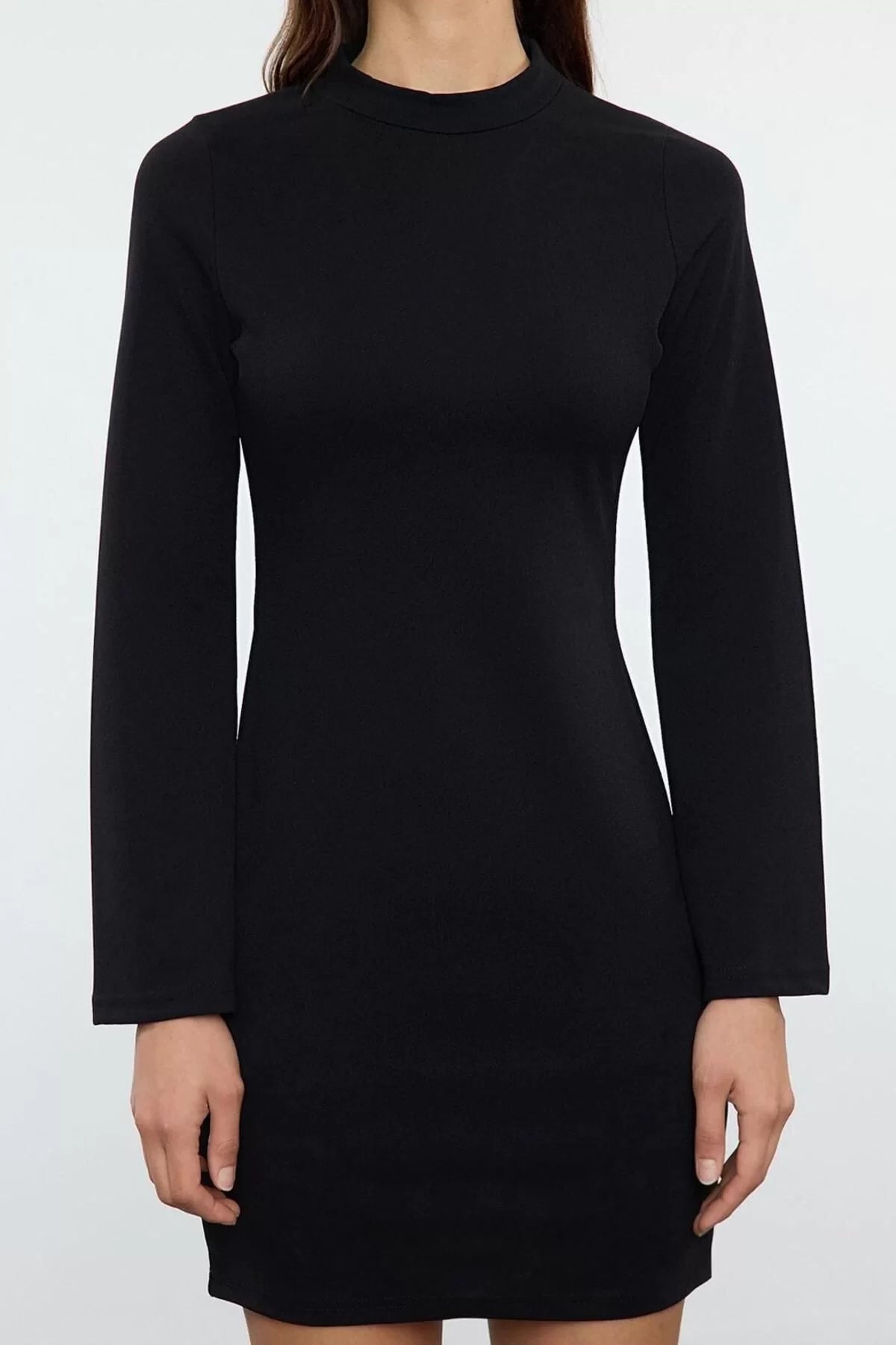 Women Fashion Stylish Mini Length Stand Collar Slim Plain Fitted Spanish Sleeve Knitted Pencil Dress