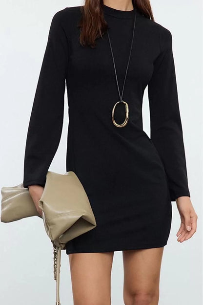 Women Fashion Stylish Mini Length Stand Collar Slim Plain Fitted Spanish Sleeve Knitted Pencil Dress