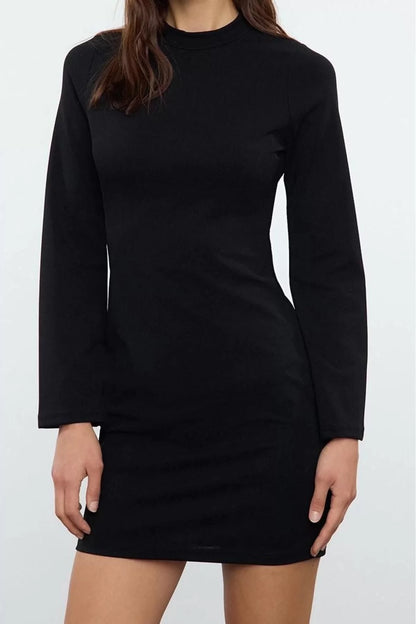 Women Fashion Stylish Mini Length Stand Collar Slim Plain Fitted Spanish Sleeve Knitted Pencil Dress