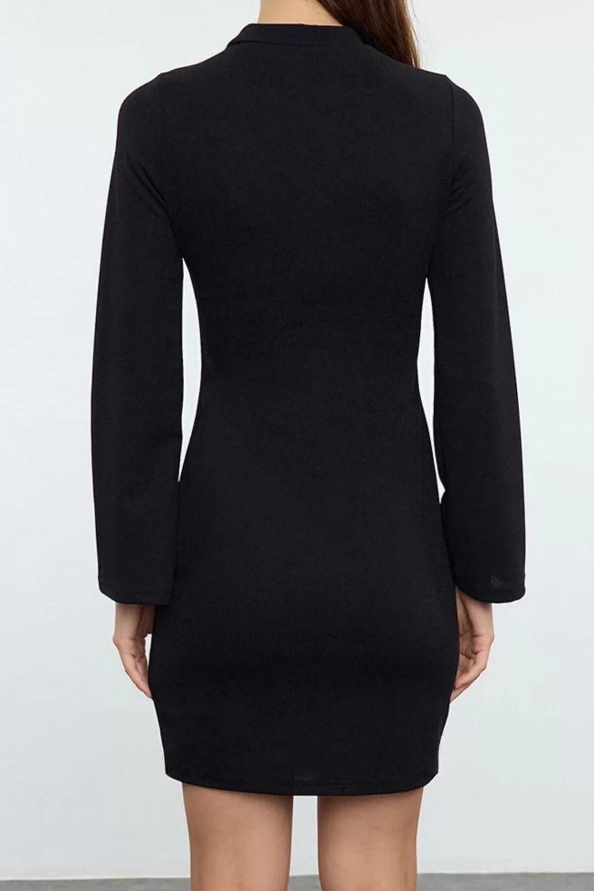 Women Fashion Stylish Mini Length Stand Collar Slim Plain Fitted Spanish Sleeve Knitted Pencil Dress