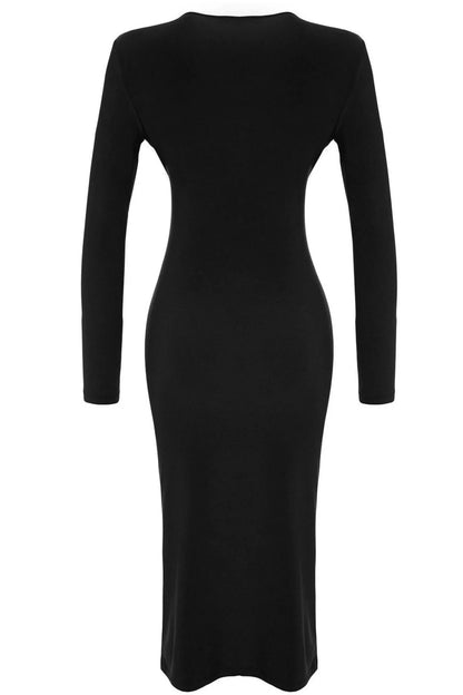 Women Fashion Stylish Midi Length V Neck Slim Plain Gathered Draped Fitted Body-Smooth Flexible Knitted Dress