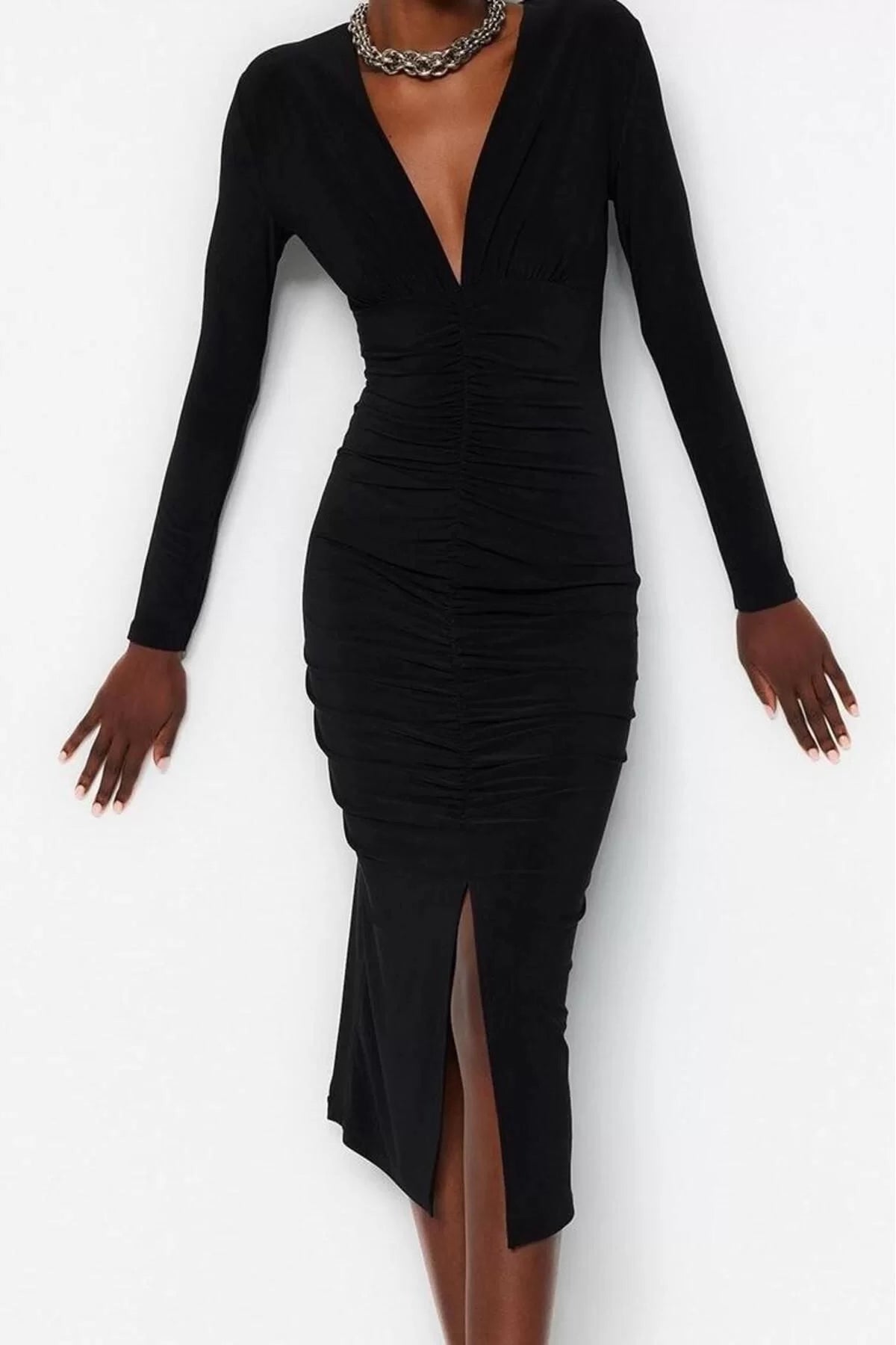 Women Fashion Stylish Midi Length V Neck Slim Plain Gathered Draped Fitted Body-Smooth Flexible Knitted Dress