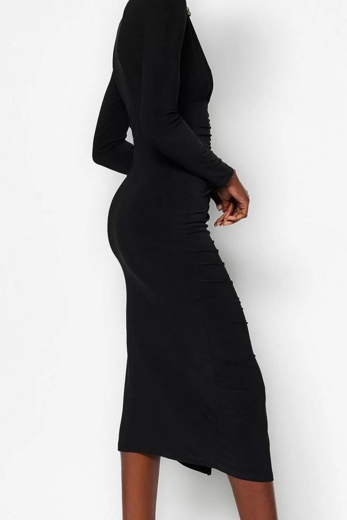 Women Fashion Stylish Midi Length V Neck Slim Plain Gathered Draped Fitted Body-Smooth Flexible Knitted Dress