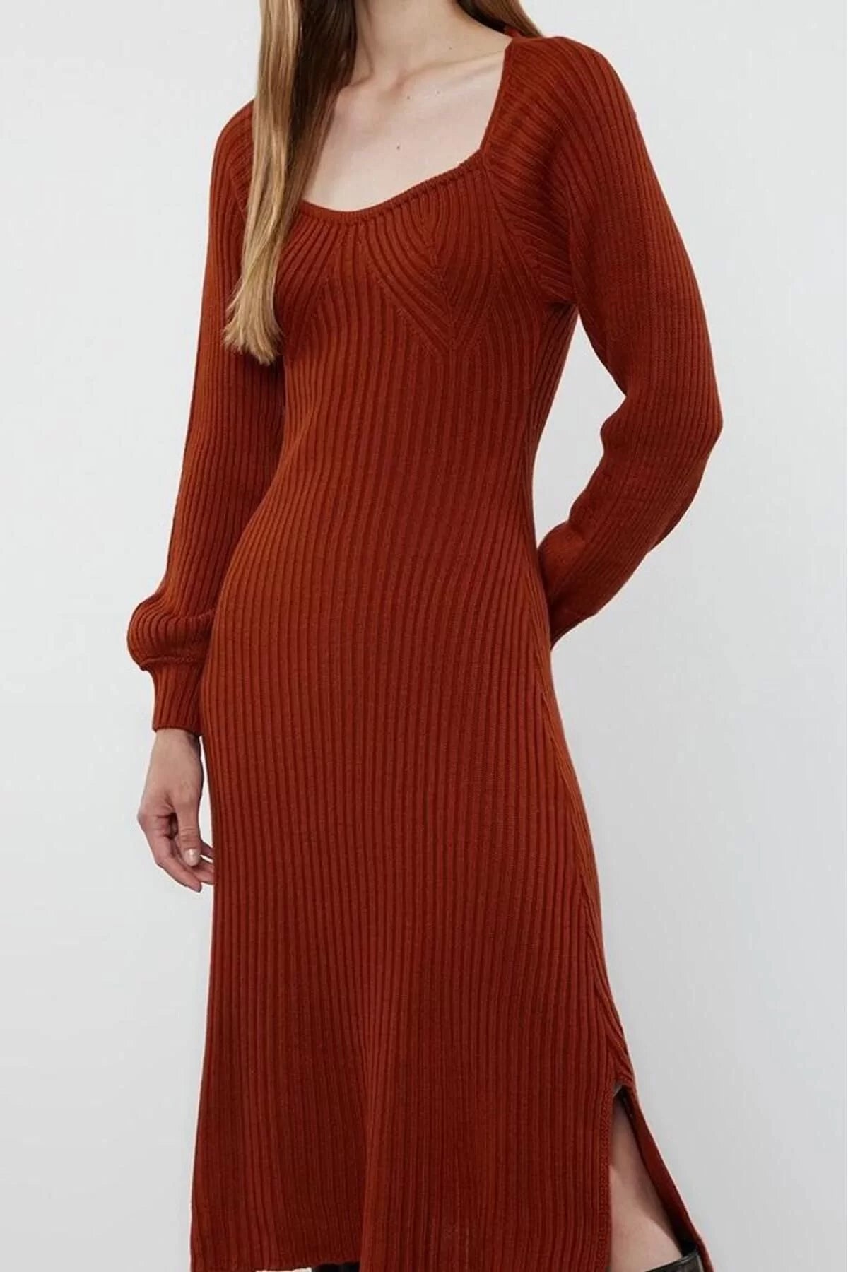 Women Fashion Stylish Midi Length Sweetheart Neck Slim Knit Dress