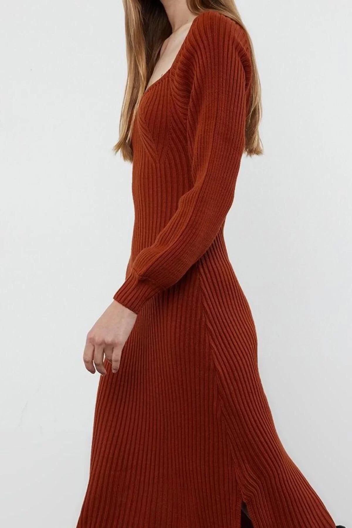 Women Fashion Stylish Midi Length Sweetheart Neck Slim Knit Dress