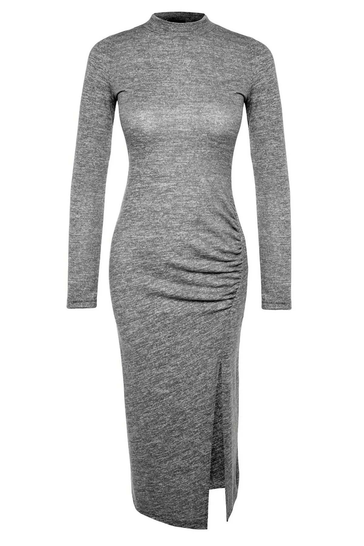 Women's Fashion Midi Length Stand Collar Slim Crew Neck Soft Slit and Gathered Detailed Fitted Knitted Dress