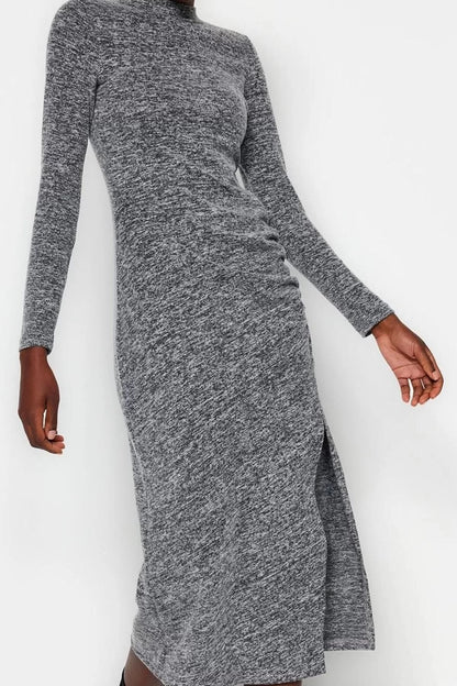 Women's Fashion Midi Length Stand Collar Slim Crew Neck Soft Slit and Gathered Detailed Fitted Knitted Dress