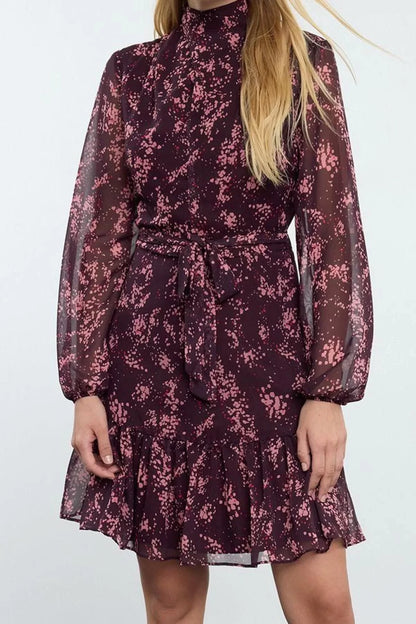 Women Fashion Stylish Mini Length Stand Collar Regular Floral Woven Winter Dress