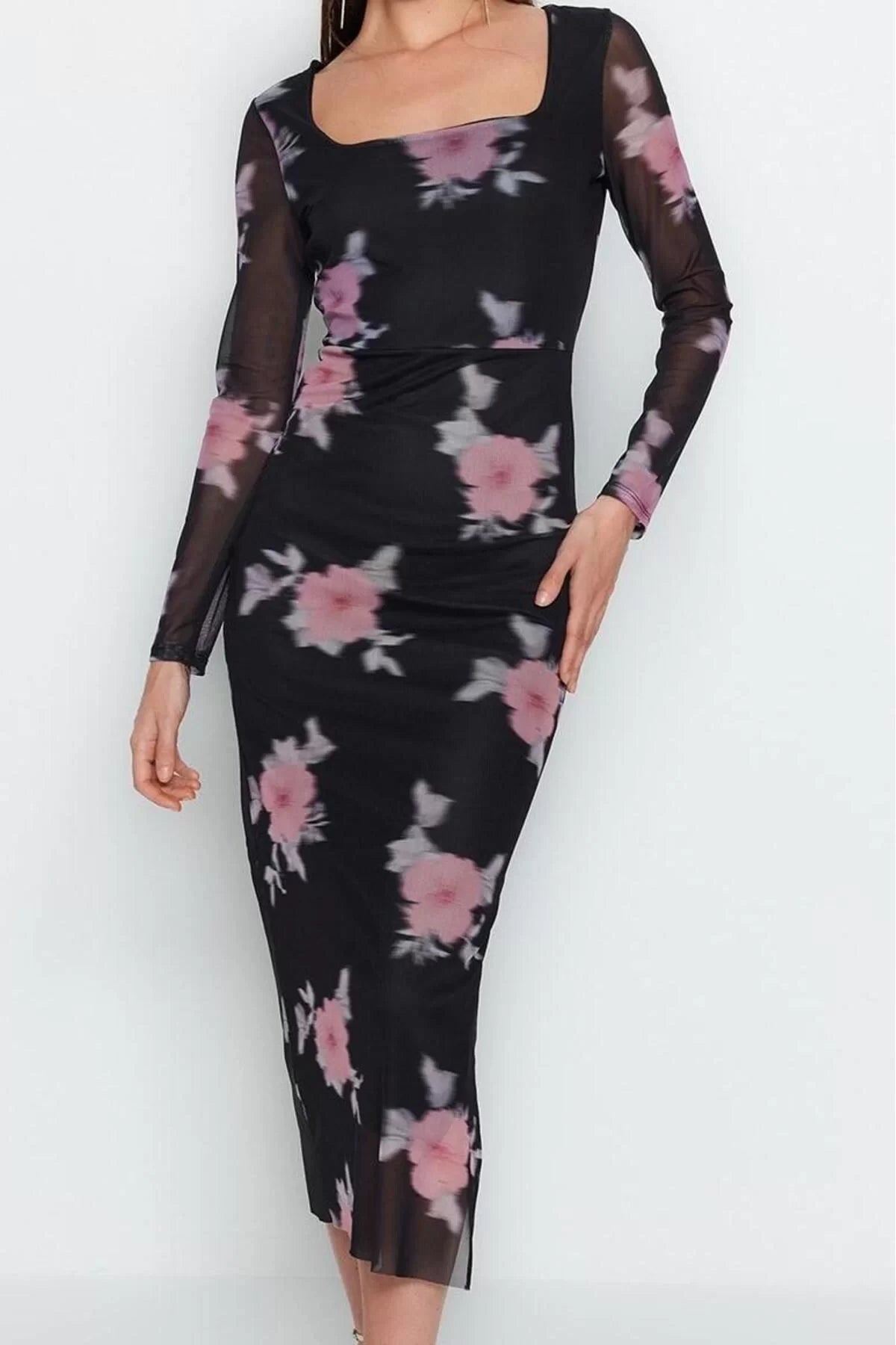 Women Fashion Stylish Midi Length Square Neck Slim Tulle Floral Fitted Stretchy Knitted Pencil Dress