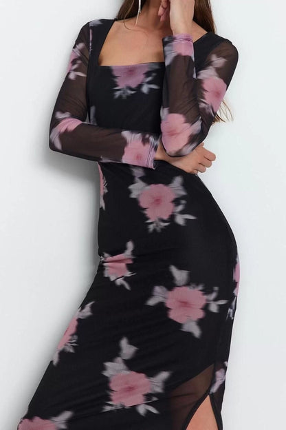 Women Fashion Stylish Midi Length Square Neck Slim Tulle Floral Fitted Stretchy Knitted Pencil Dress