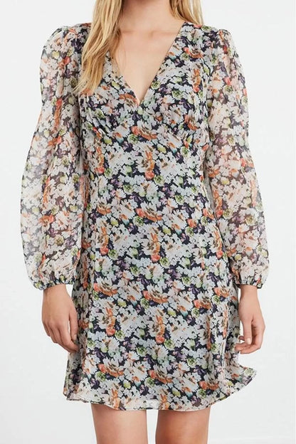 Women's Mini V Neck Regular Multicolored Floral Patterned A Cut Lined Chiffon Woven Dress