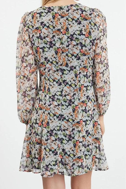 Women's Mini V Neck Regular Multicolored Floral Patterned A Cut Lined Chiffon Woven Dress