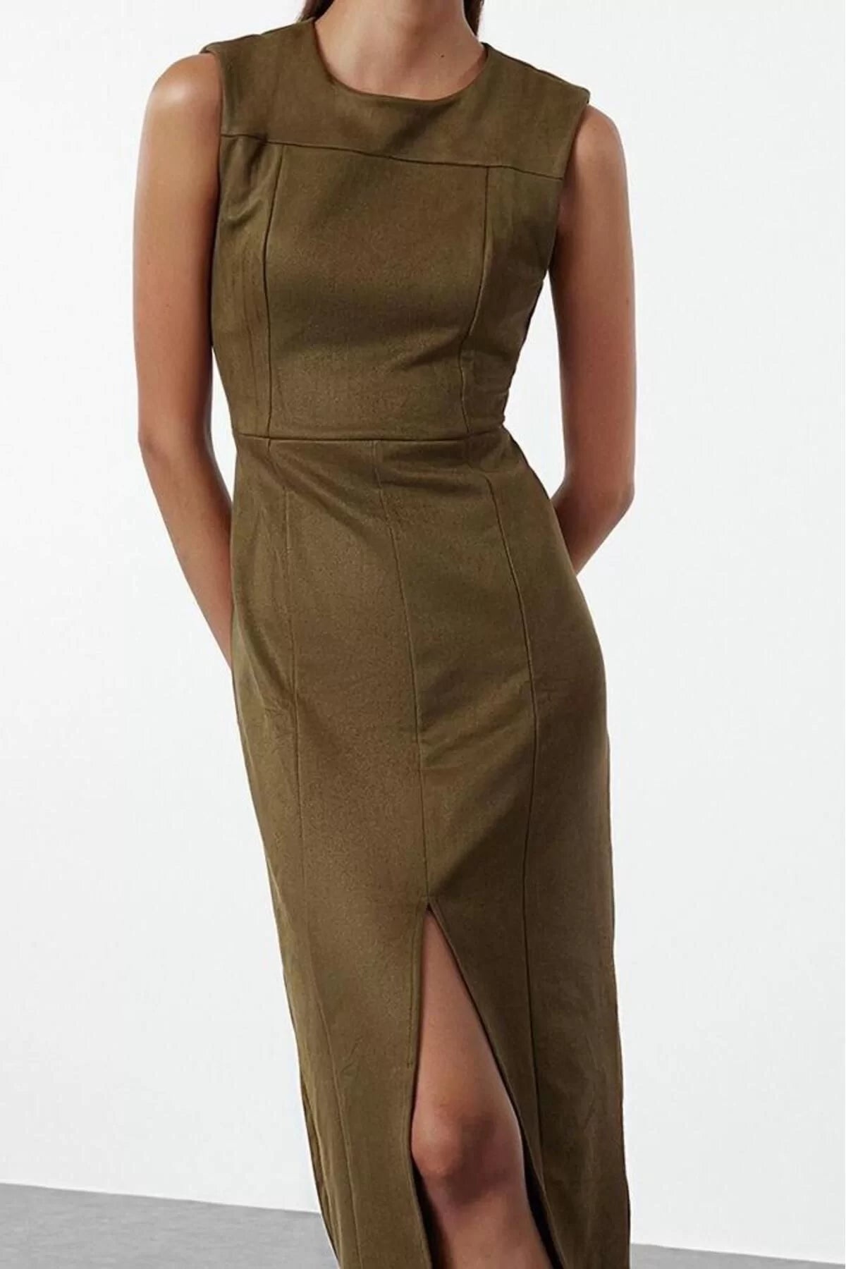 Women Fashion Stylish Midi Length Crew Neck Fitted Slit Straight Cut Suede Woven Dress