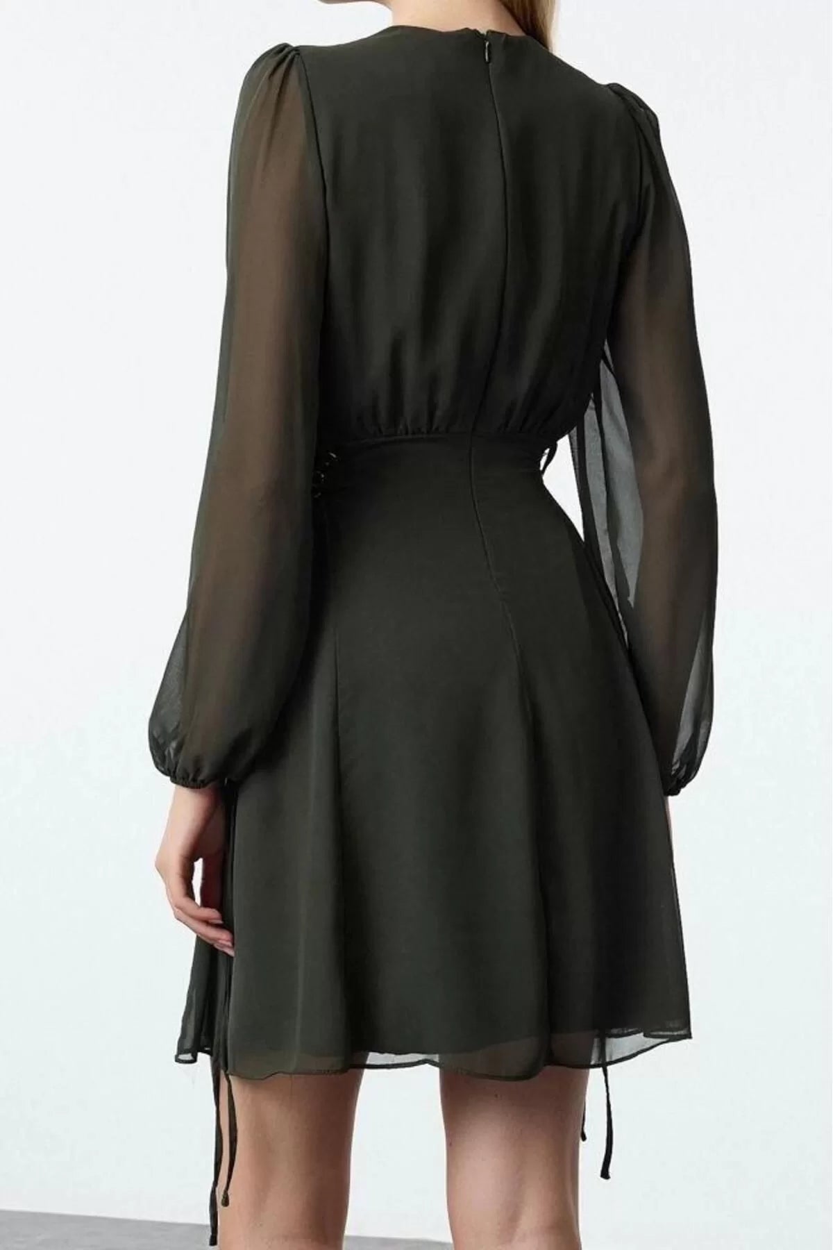 Women Fashion Stylish Mini Length V Neck Regular Eyelet Detail Buttoned Lined Chiffon Woven Dress