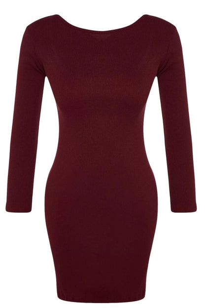 Women's Fashion Mini Length Crew Neck Slim Ribbed Back Detailed Fitted Body-Smoothing Flexible Knitted Dress