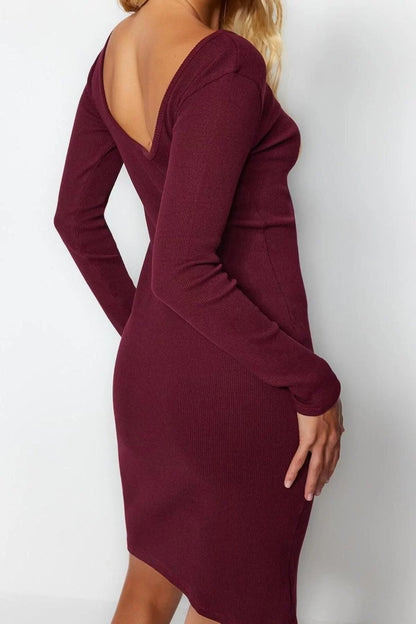 Women's Fashion Mini Length Crew Neck Slim Ribbed Back Detailed Fitted Body-Smoothing Flexible Knitted Dress