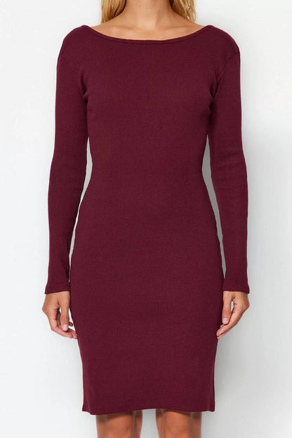 Women's Fashion Mini Length Crew Neck Slim Ribbed Back Detailed Fitted Body-Smoothing Flexible Knitted Dress