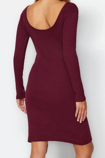 Women's Fashion Mini Length Crew Neck Slim Ribbed Back Detailed Fitted Body-Smoothing Flexible Knitted Dress