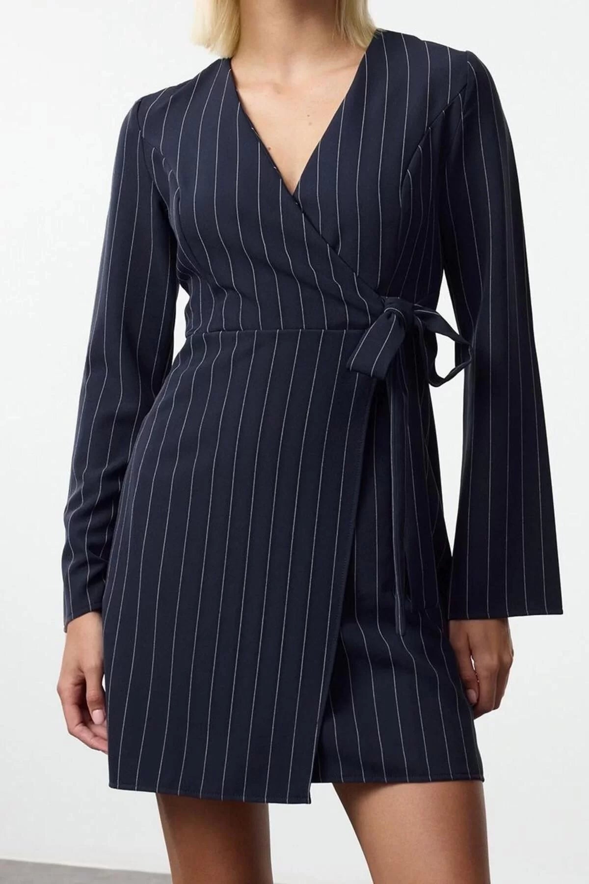 Women Fashion Stylish Mini Length Double Breasted Regular Striped Woven Dress