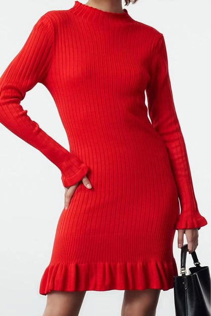 Women Fashion Stylish Mini Length Stand Collar Regular Knitwear Hem Detailed Dress