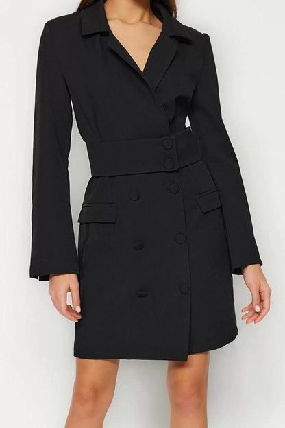 Women Fashion Stylish Mini Length Jacket Collar Regular Belted Buttoned Woven Jacket Dress