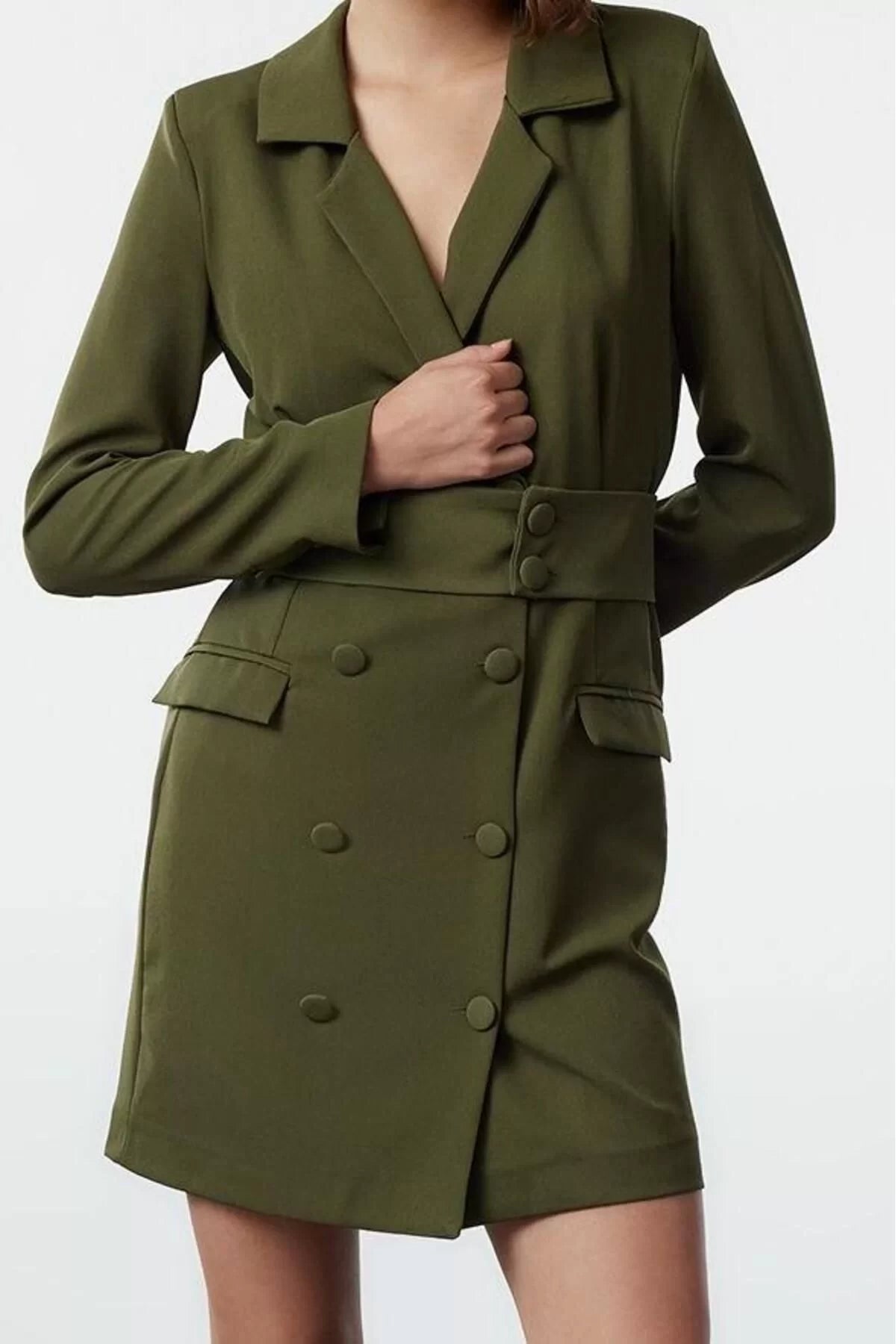 Women Fashion Stylish Mini Length Jacket Collar Regular Belted Buttoned Woven Jacket Dress