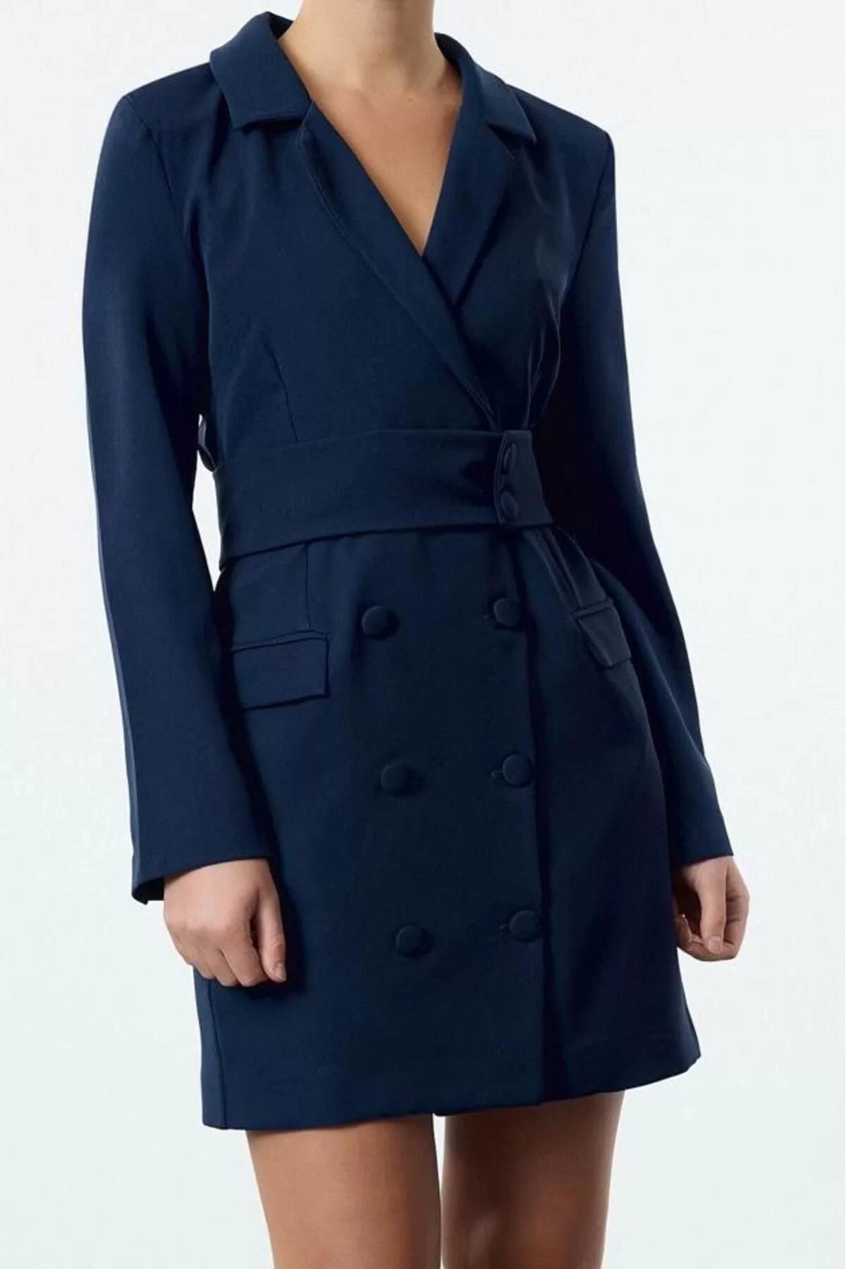 Women Fashion Stylish Mini Length Jacket Collar Regular Belted Buttoned Woven Jacket Dress