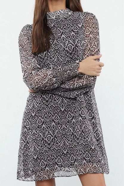 Women Fashion Stylish Mini Length Stand Collar Regular Abstract Woven Winter Dress