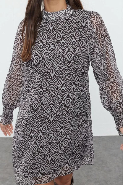 Women Fashion Stylish Mini Length Stand Collar Regular Abstract Woven Winter Dress