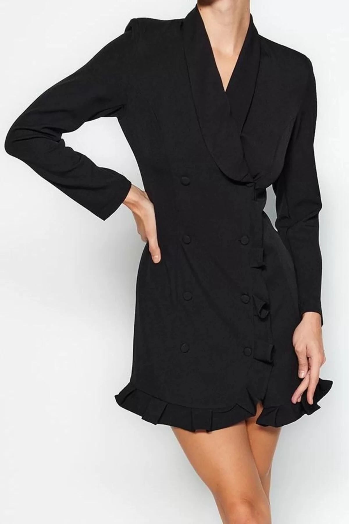 Women Fashion Stylish Mini Length Jacket Collar Regular Skirt Ruffle Woven Jacket Dress