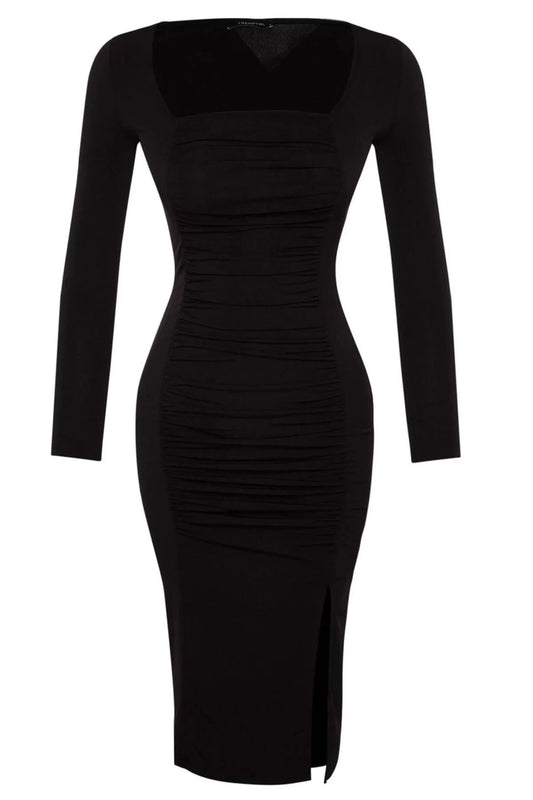 Women Fashion Stylish Midi Length Square Neck Slim Pleated Bodycon Stretchy Knitted Dress