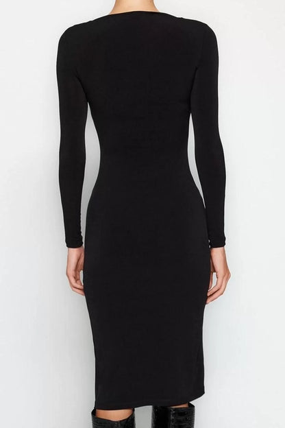 Women Fashion Stylish Midi Length Square Neck Slim Pleated Bodycon Stretchy Knitted Dress