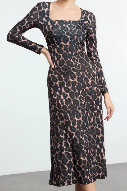 Women Fashion Stylish Maxi Length Square Neck Slim Leopard Print Flounce Fitted Stretchy Knitted Dress