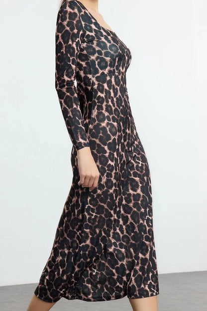 Women Fashion Stylish Maxi Length Square Neck Slim Leopard Print Flounce Fitted Stretchy Knitted Dress