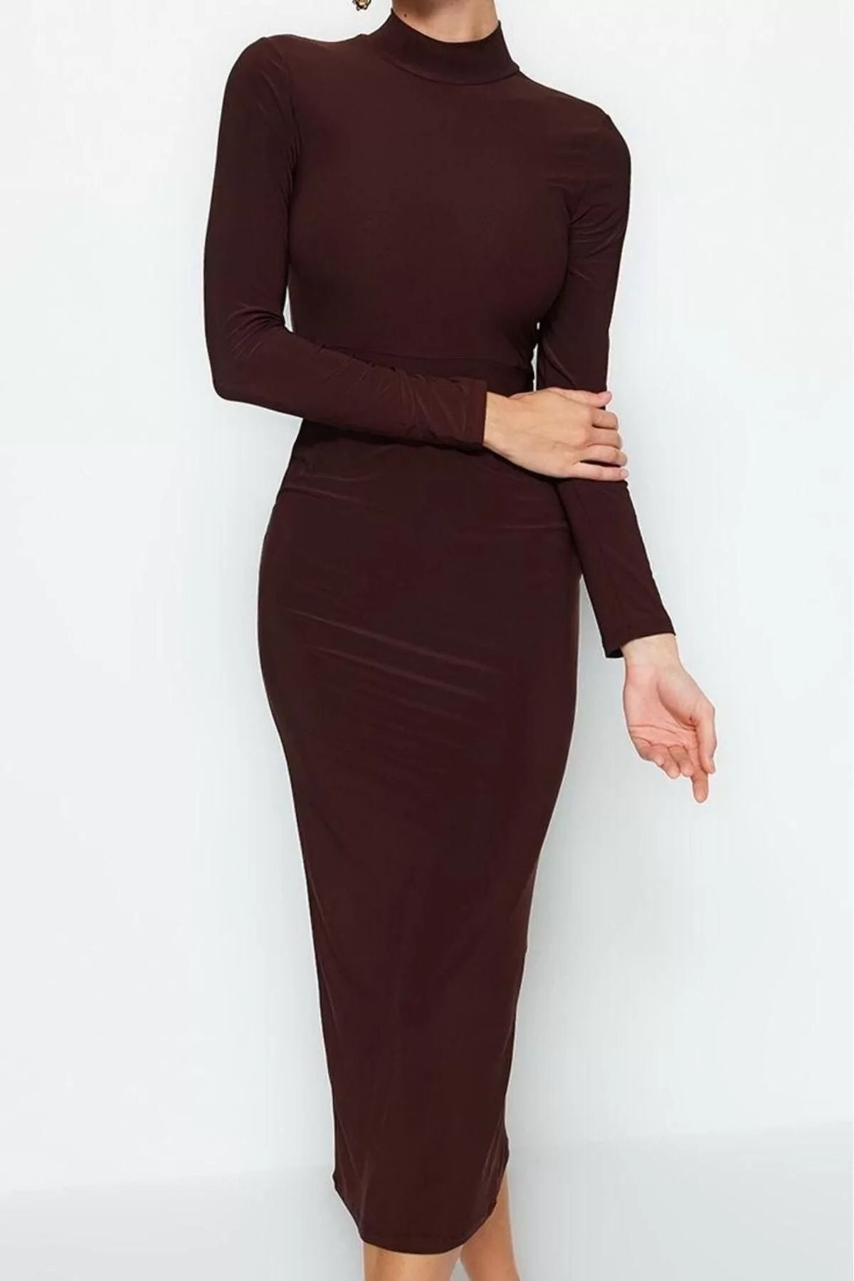 Women Fashion Stylish Maxi Length Stand Collar Slim Fitted Stretchy Knitted Dress