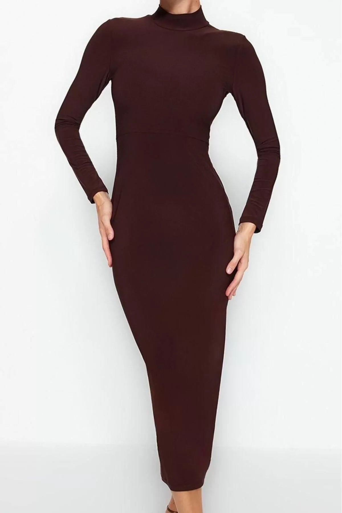 Women Fashion Stylish Maxi Length Stand Collar Slim Fitted Stretchy Knitted Dress