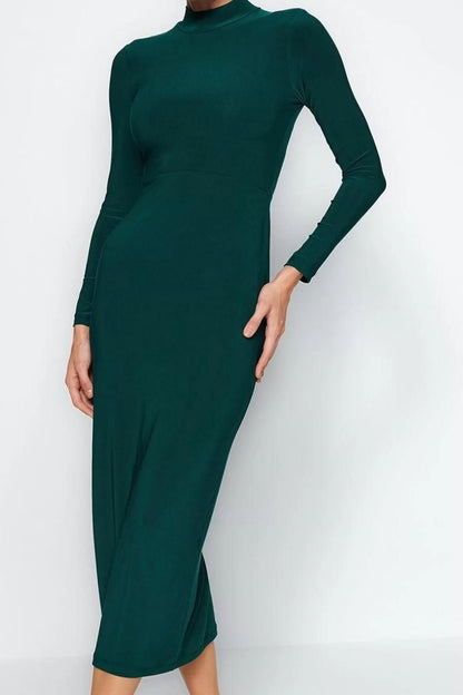 Women Fashion Stylish Maxi Length Stand Collar Slim Fitted Stretchy Knitted Dress