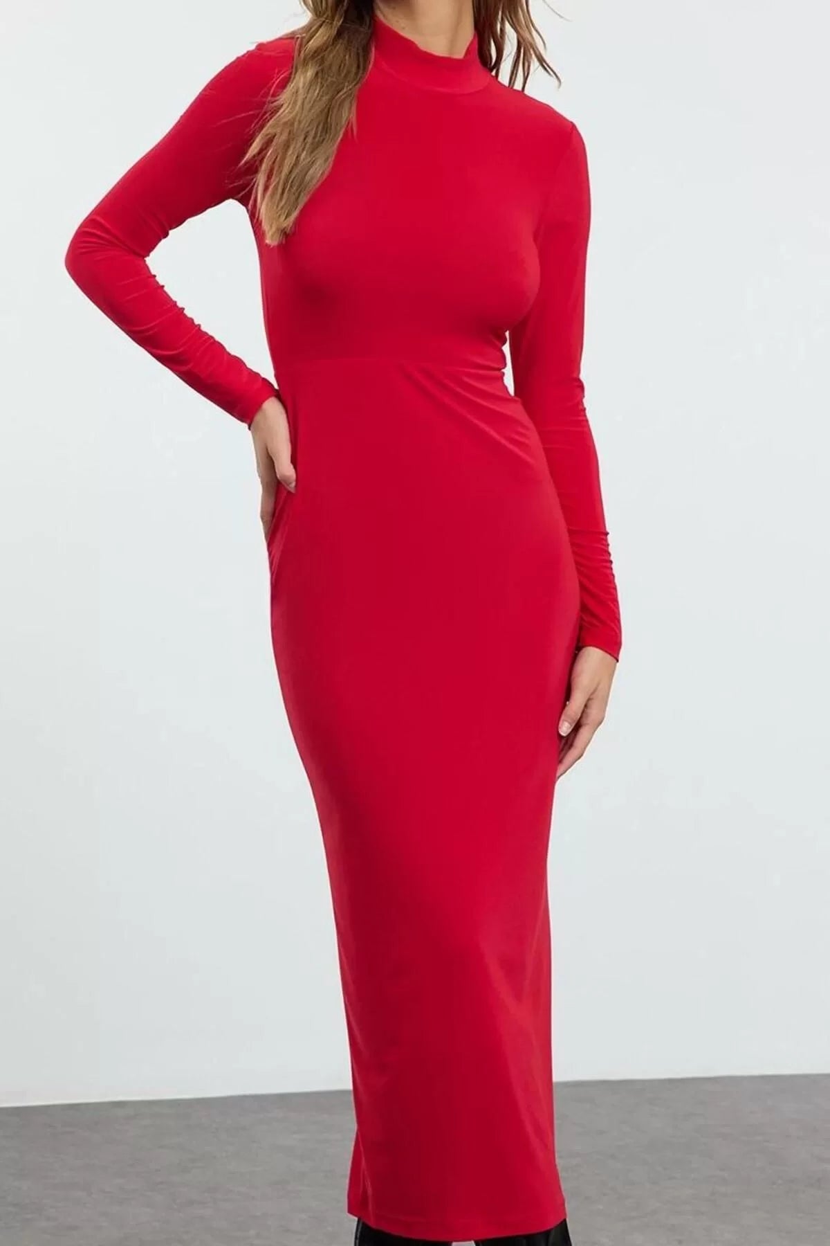 Women Fashion Stylish Maxi Length Stand Collar Slim Fitted Stretchy Knitted Dress