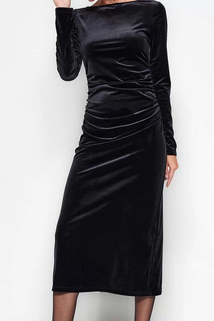 Women Fashion Stylish Midi Length Boat Neck Slim Velvet Pleated Fitted Body-hugging Stretchy Knitted Dress