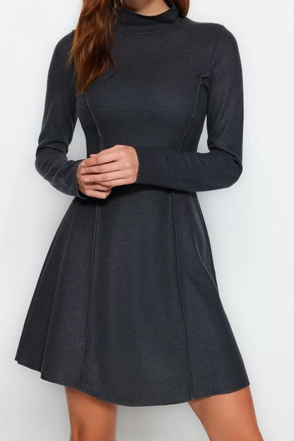 Women Fashion Stylish Mini Length Stand Collar Regular Stitch Detailed Selanik Knitted Dress