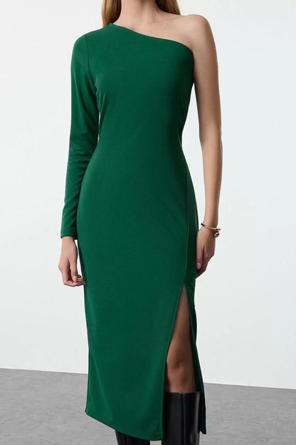 Women Fashion Stylish Midi Length Asymmetrical Collar Slim Fitted Slit Detailed Knitted Dress