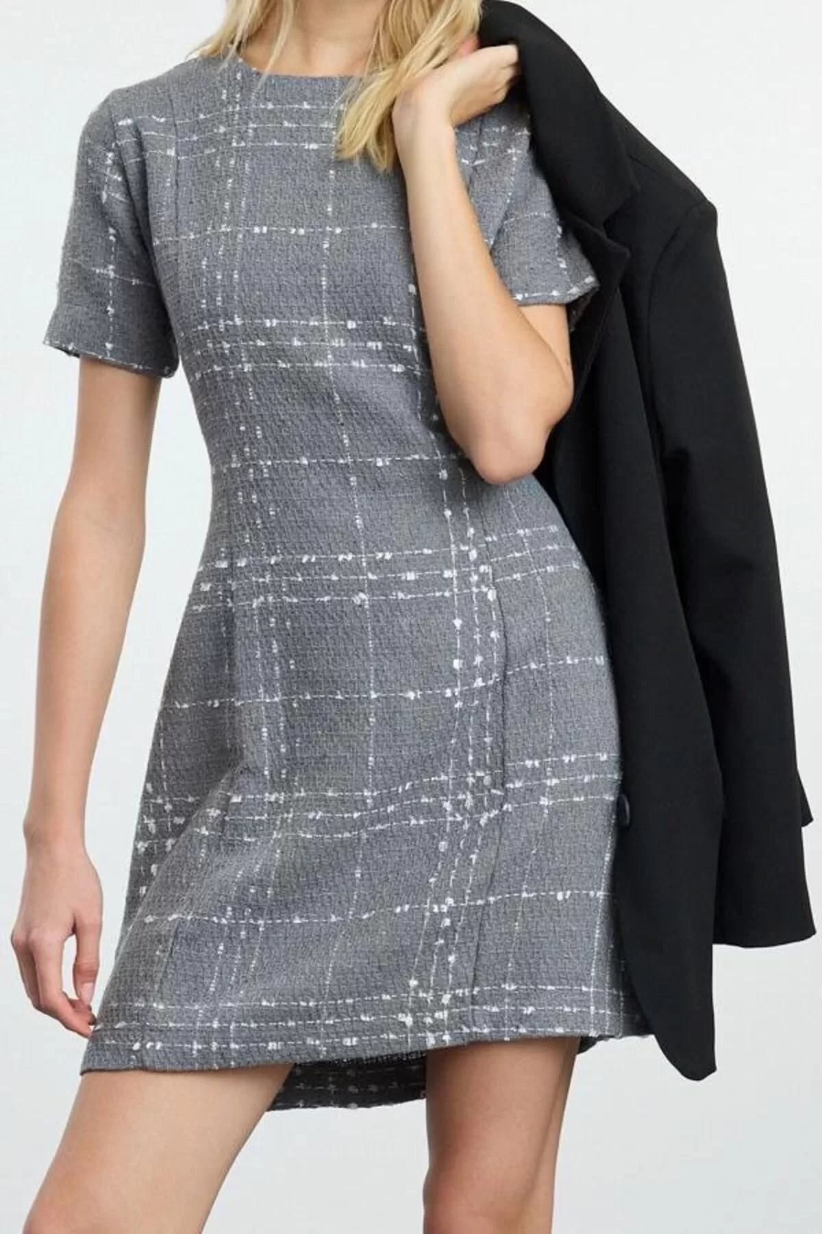 Women Fashion Stylish Mini Length Crew Neck Regular Plaid Checkered Straight Cut Tweed Woven Dress