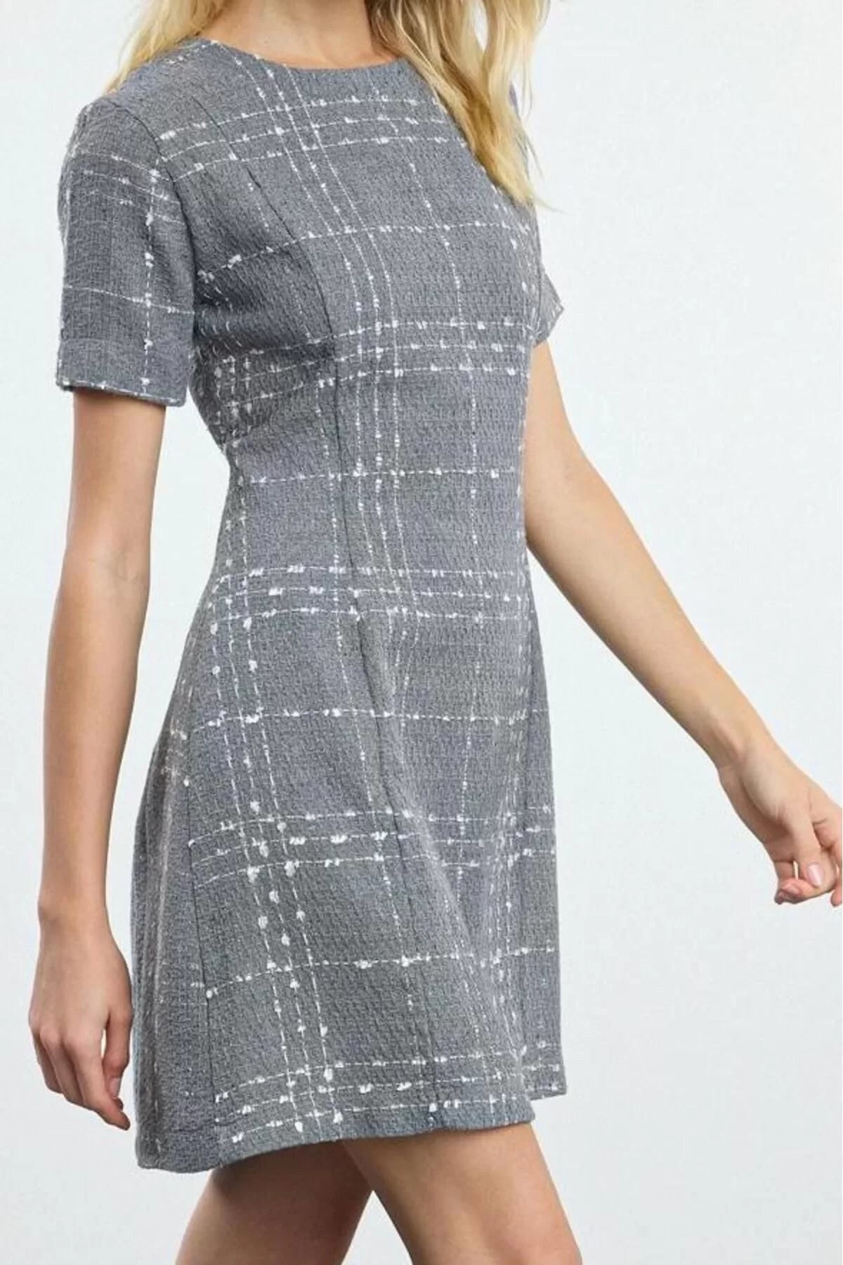 Women Fashion Stylish Mini Length Crew Neck Regular Plaid Checkered Straight Cut Tweed Woven Dress