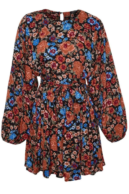 Women Fashion Stylish Mini Length Crew Neck Regular Belted Floral Woven Dress