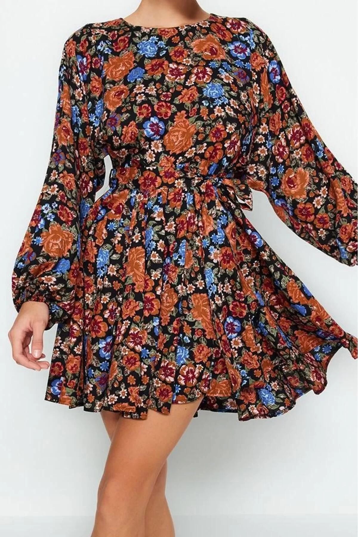 Women Fashion Stylish Mini Length Crew Neck Regular Belted Floral Woven Dress