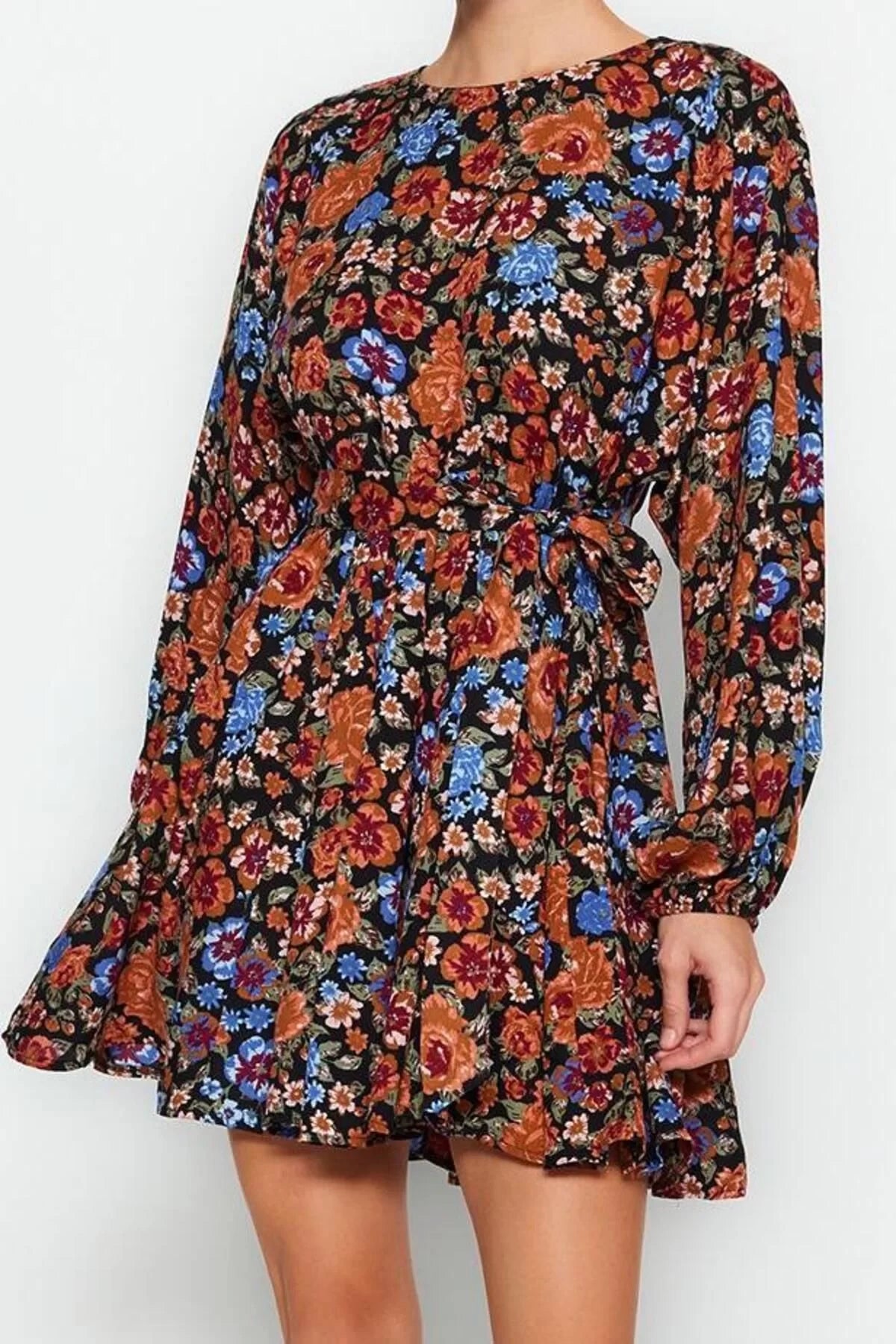 Women Fashion Stylish Mini Length Crew Neck Regular Belted Floral Woven Dress