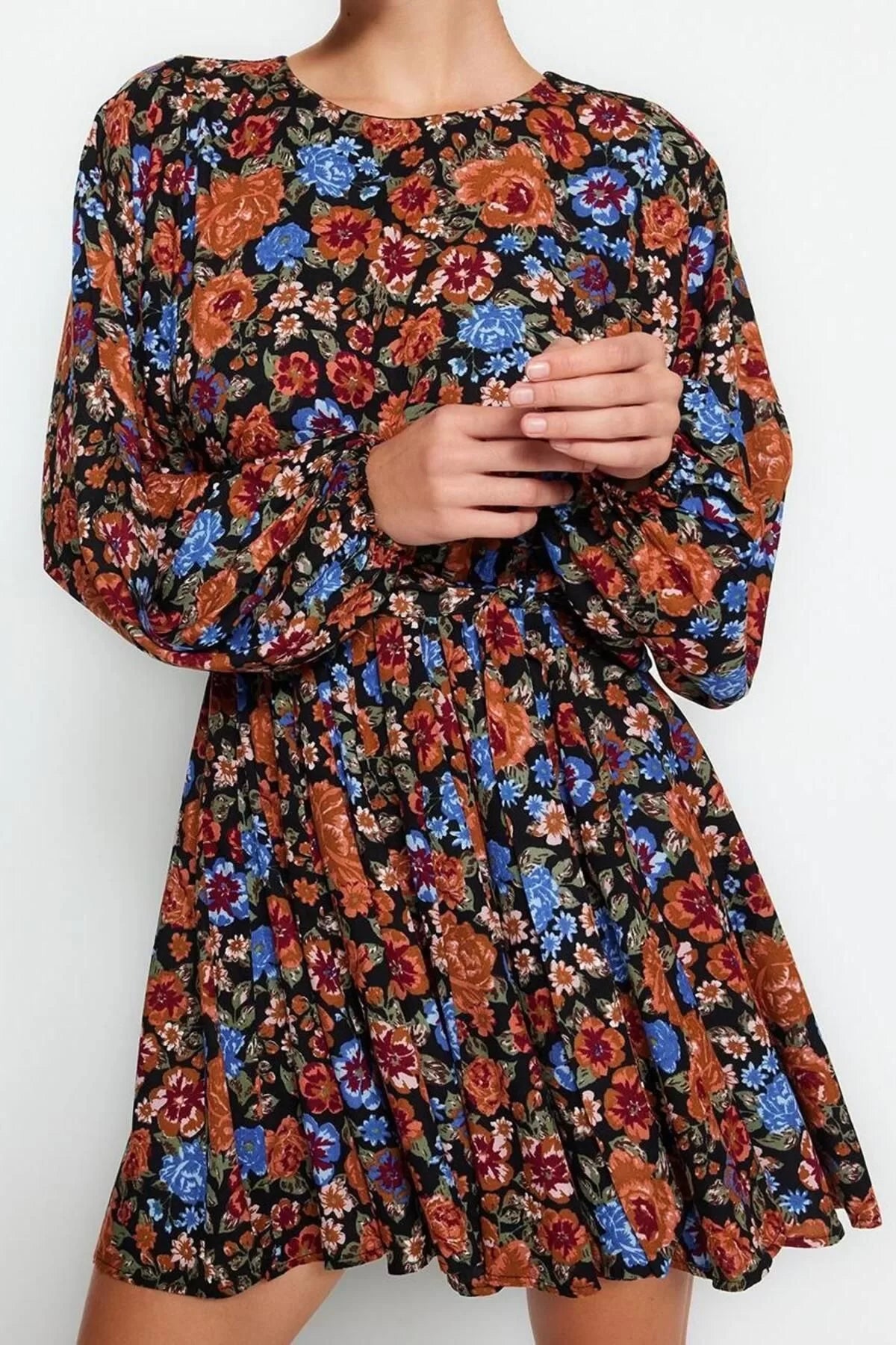 Women Fashion Stylish Mini Length Crew Neck Regular Belted Floral Woven Dress